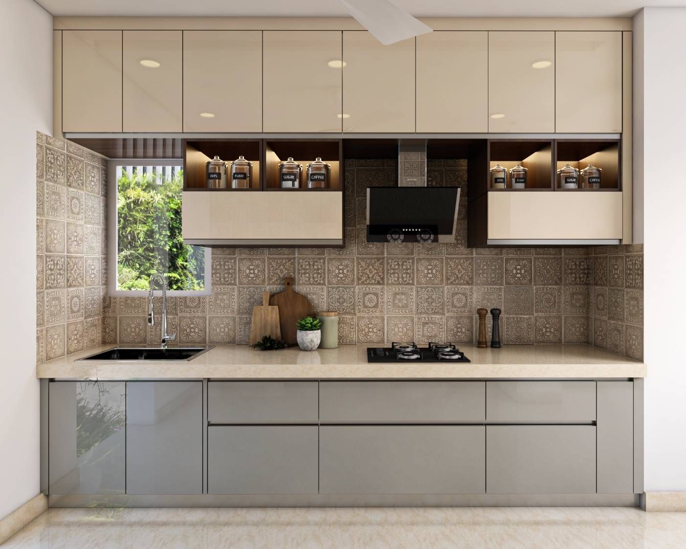 کابینت چوبی با روکش طبیعی در آشپزخانه ویلا