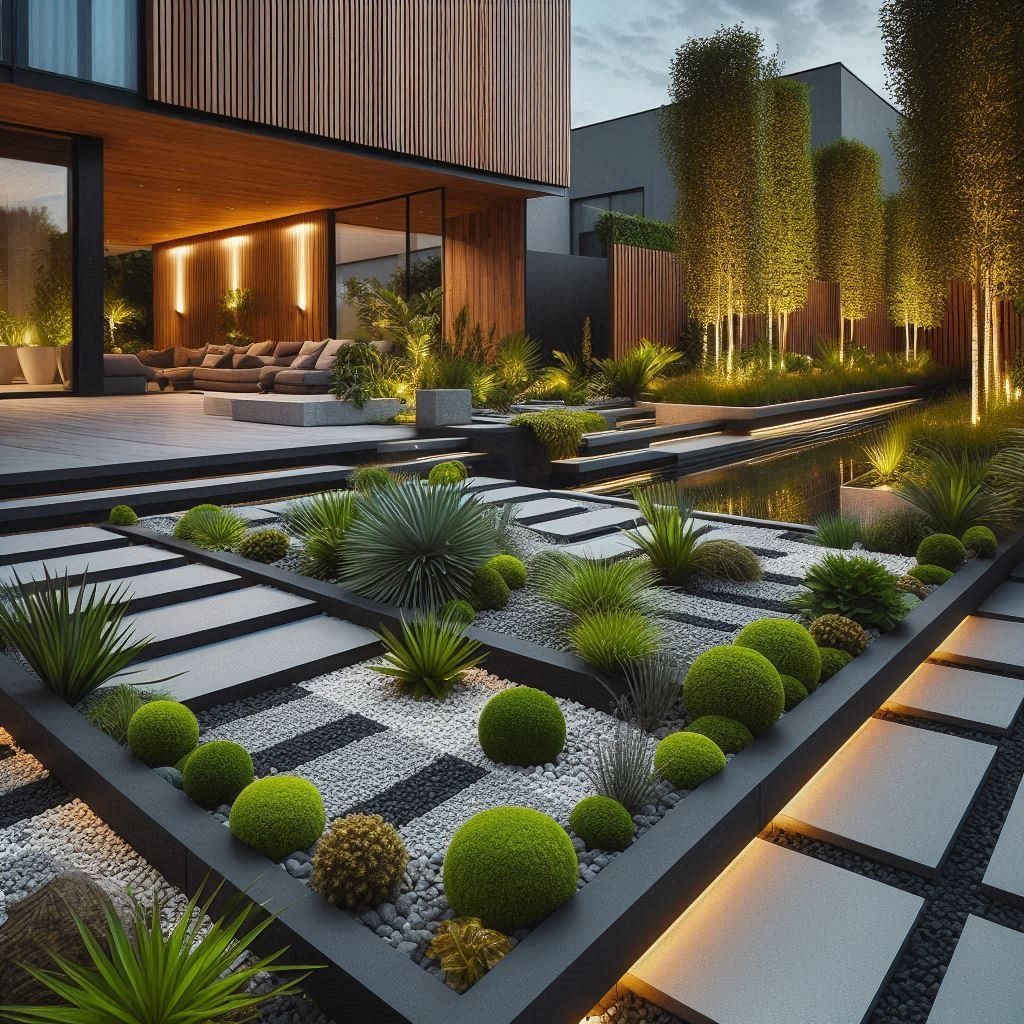 دیوار سبز با گیاهان کم آب در باغ مدرن