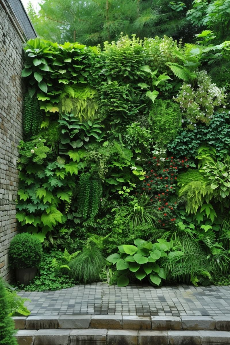 نمای کلی دیوار سبز در فضای باز ویلا، تأکید بر ترکیب طبیعت و معماری مدرن