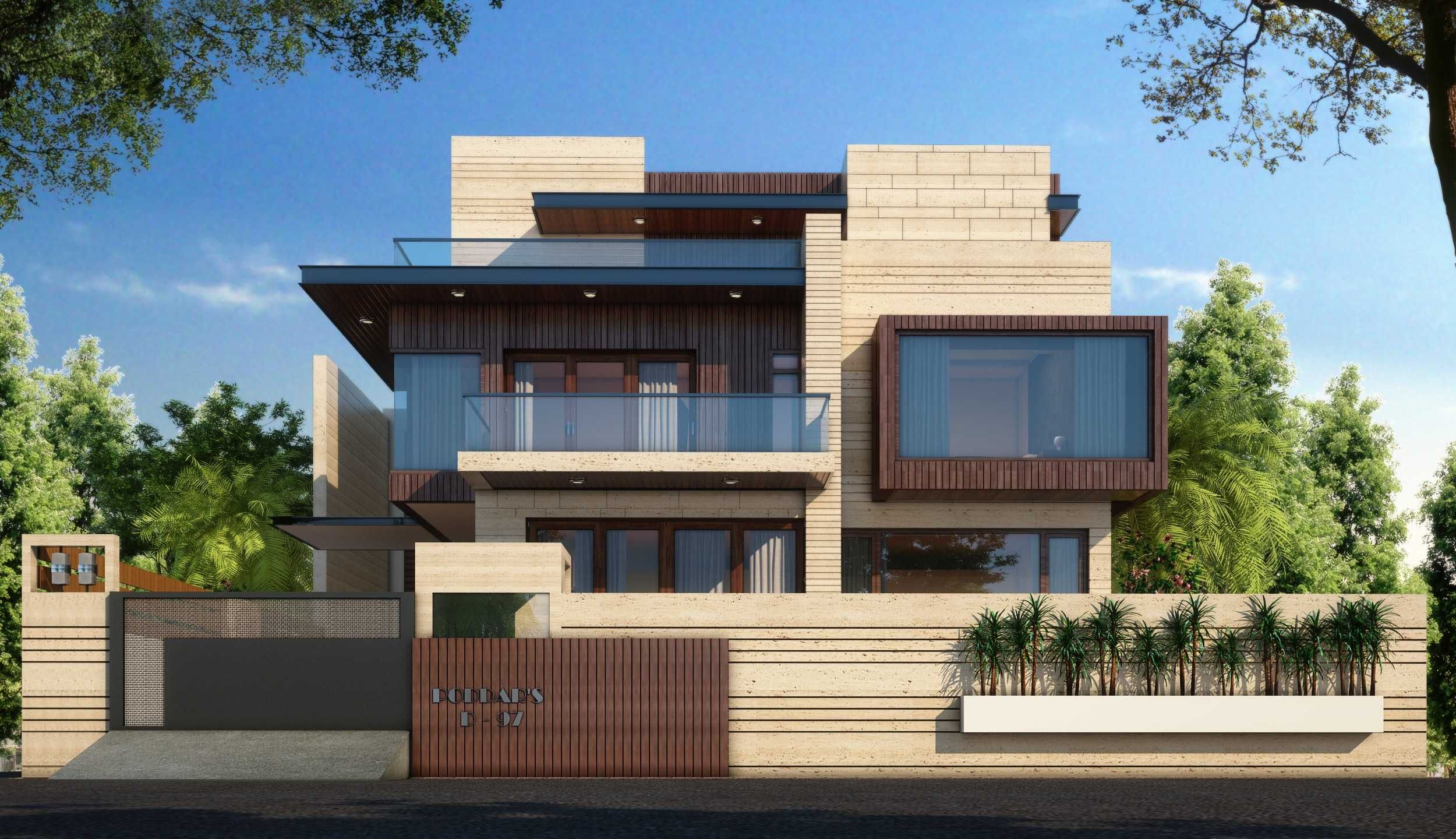 دیوار محوطه ویلا با ترکیب رنگهای مدرن و الگوهای هندسی