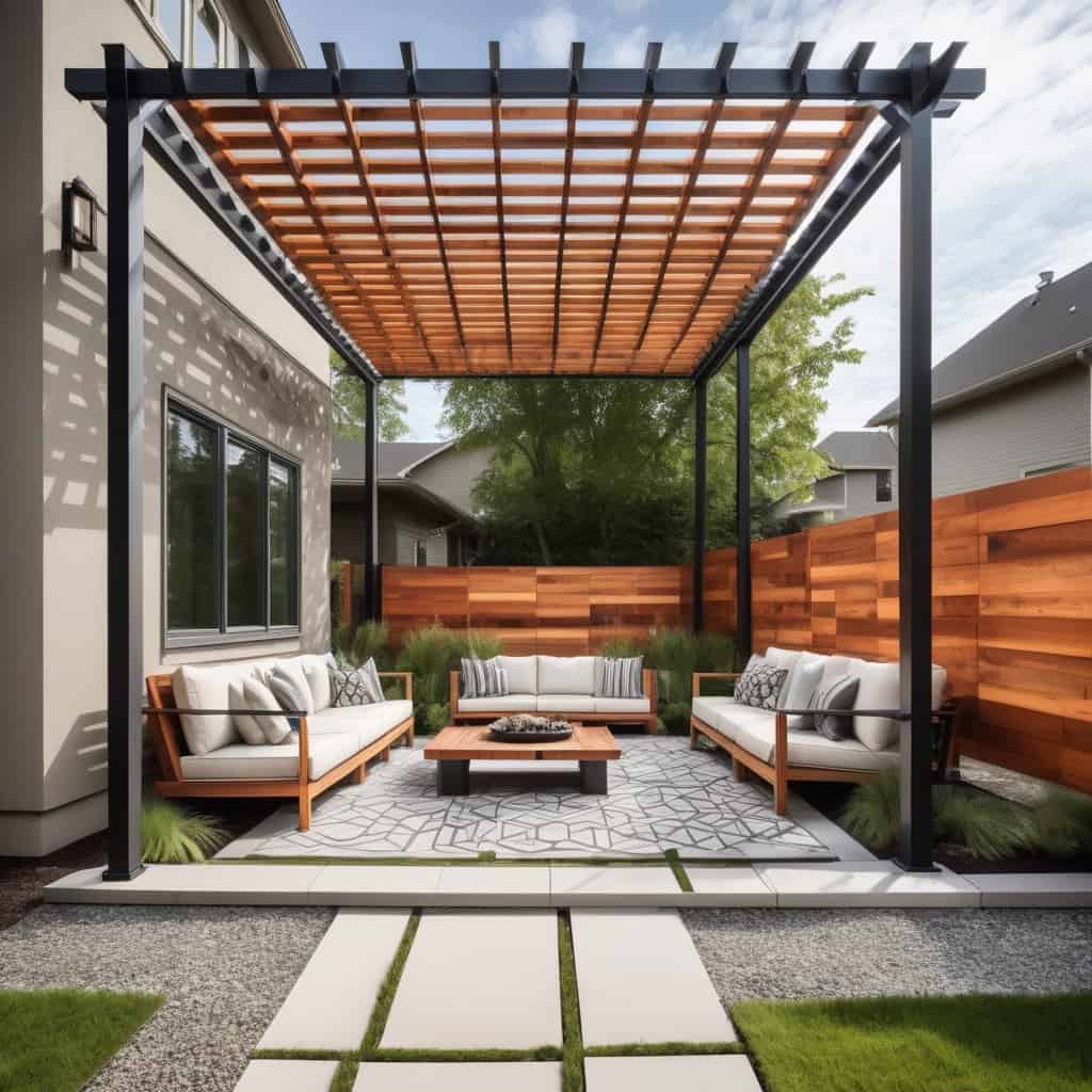 پرگولای فلزی با طراحی هندسی بزرگ در فضای عمومی