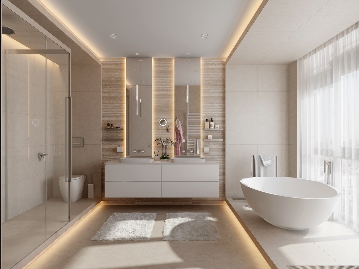 سرویس بهداشتی مدرن با سینین سنگی سفید و کابینتهای ساده
